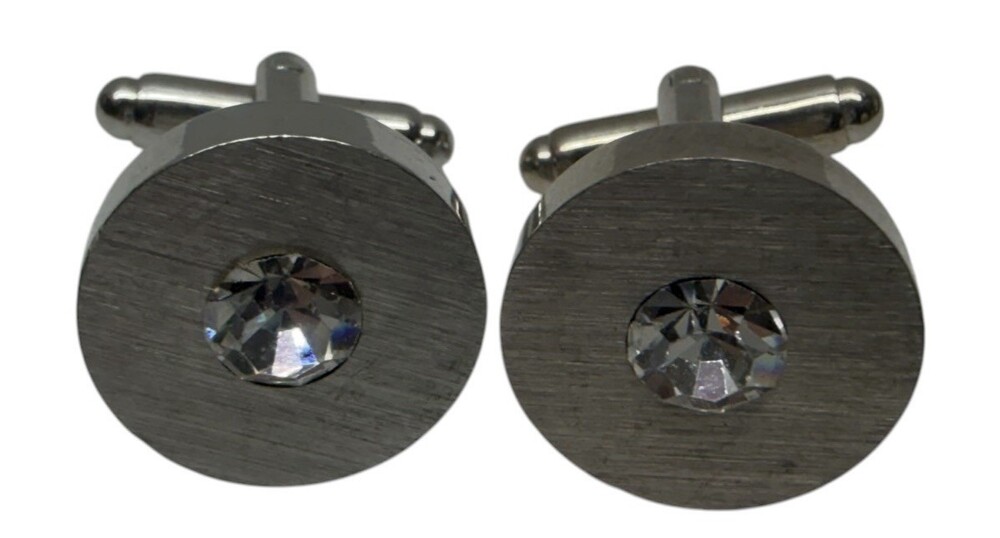 Vintage Round Cufflinks Clear Crystal Rhinestone Brushed Silver Tone Modernist